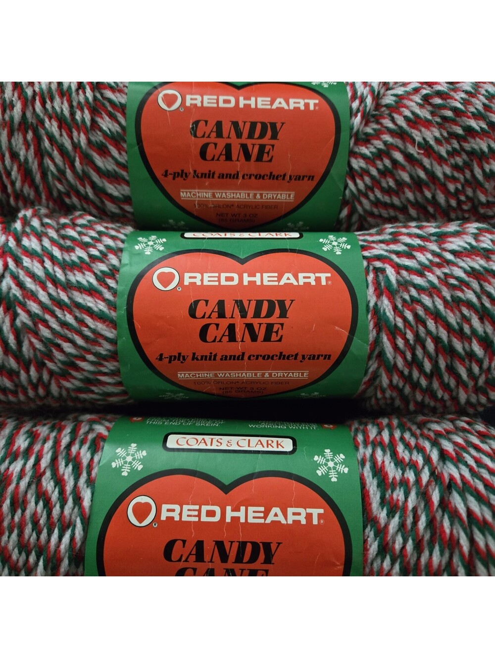 3 Skeins Red Heart Candy Cane Yarn 771 Spearmint Red Green White Christmas New